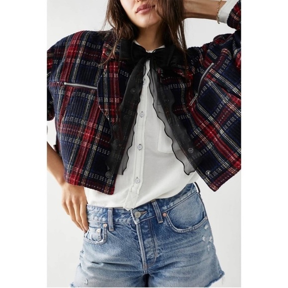 We The Free Free People FP Swing Flight Jacket Red Navy Tartan Plaid Size L - Picture 5 of 16